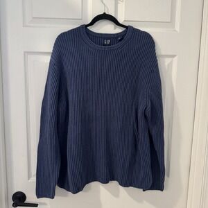 GAP Sweater Men's Sz L Blue Chunky knit ribbed crewneck Cotton Y2K 90s Vintage